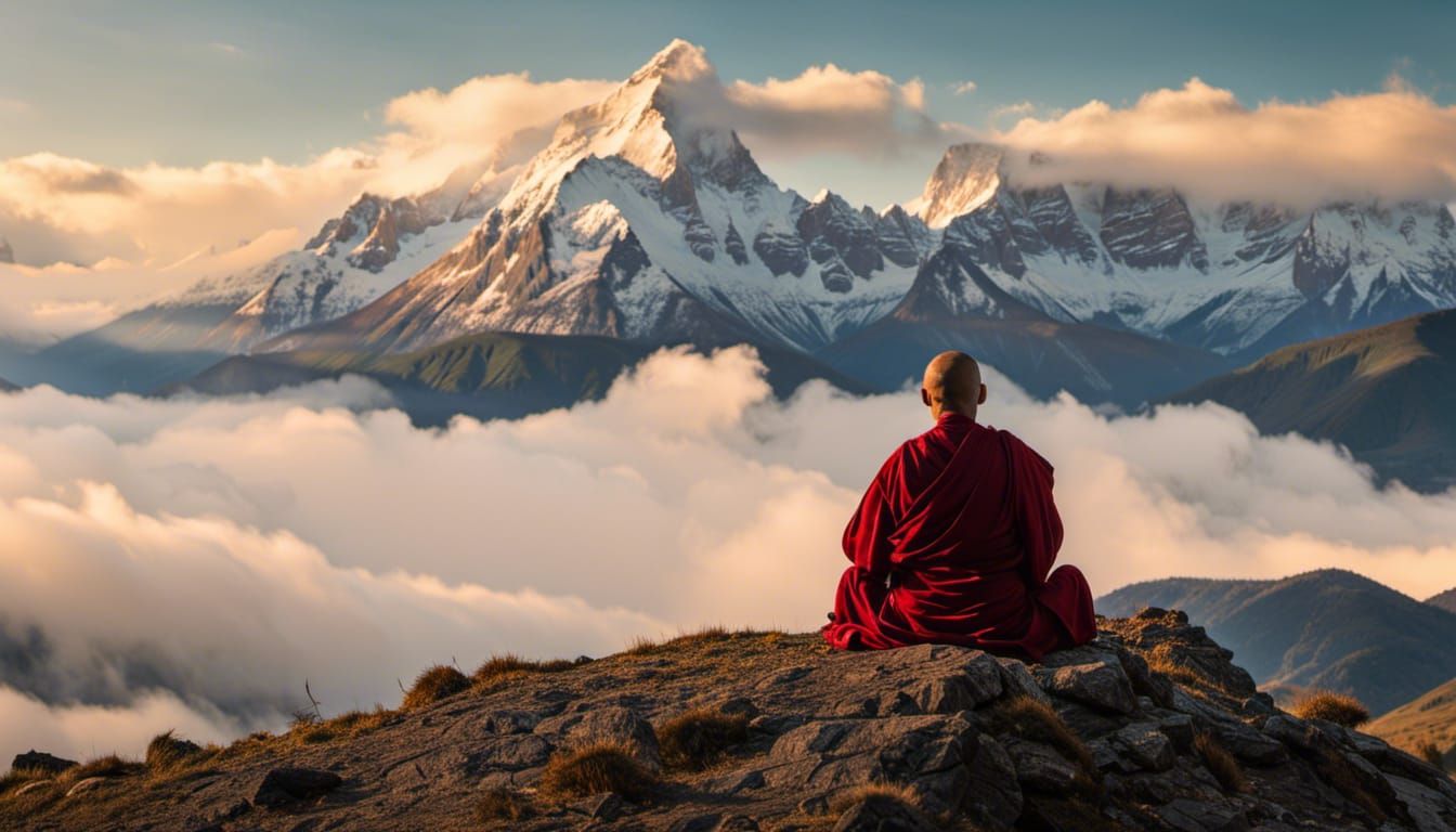 Meditating Monk in the Mountains: Epic Digital Painting