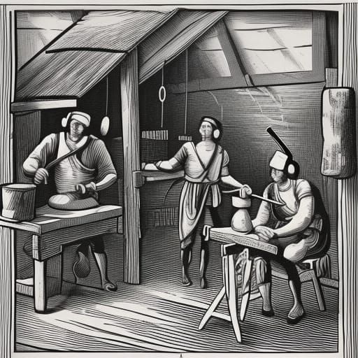 18th Century Laborers Forging Scissors: Linocut Style
