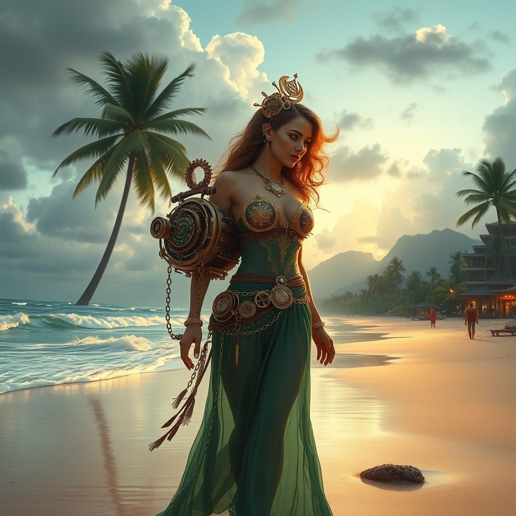 Stunning Steampunk Goddess on a Futuristic Hawaiian Beach