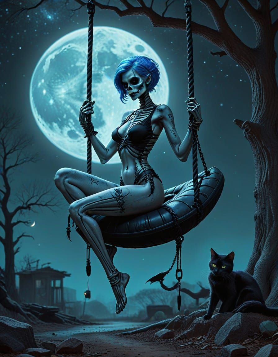 Blue-Haired Skeleton Pin-Up with Cat in Moonlight