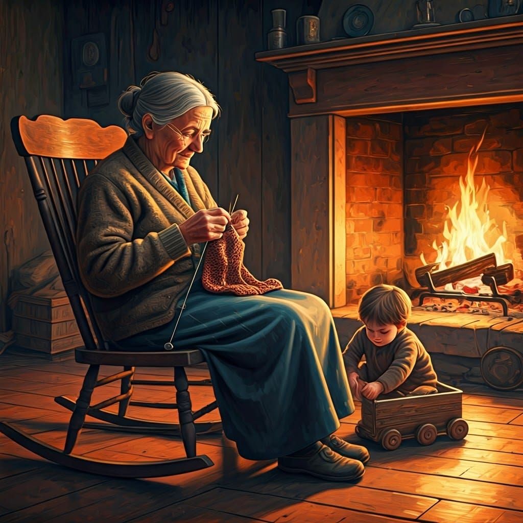 Italian Grandmother Knitting, Impasto Impressionism Style