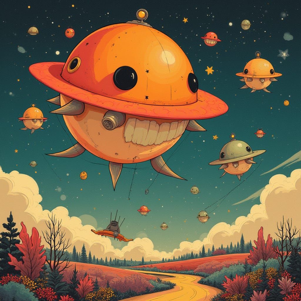 Cartooncore Interstellar Mechs as Abstract Painting