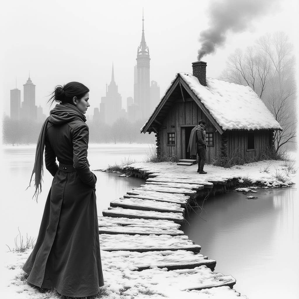 Woman Separated from Lover by Shattered Bridge in Cityscape