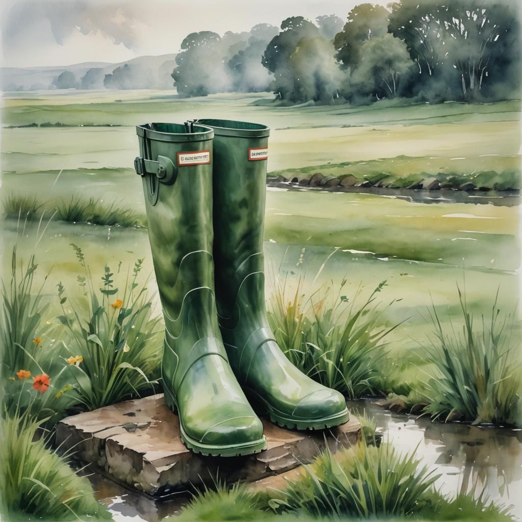 Green Wellington Boots in Atmospheric Watercolour Landscape