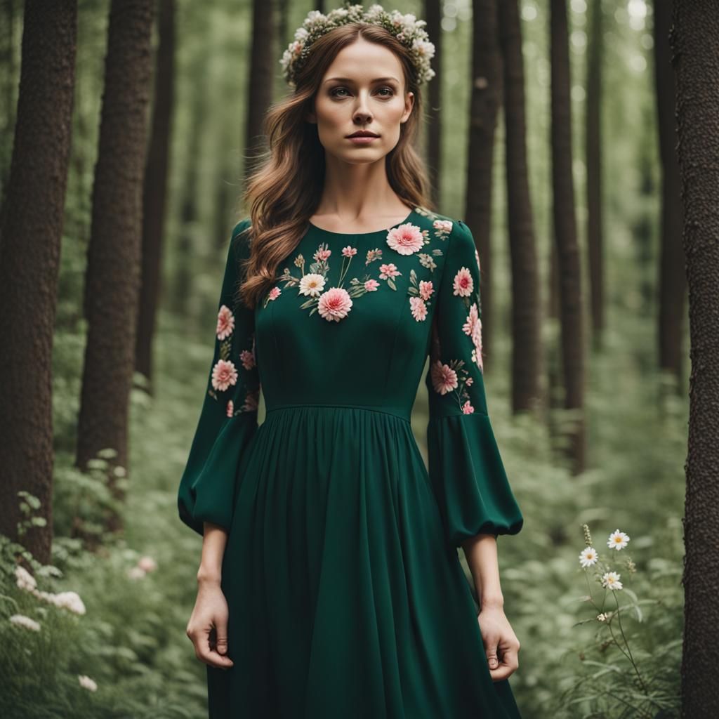 Floral Dark Green Dress in Enchanted Forest