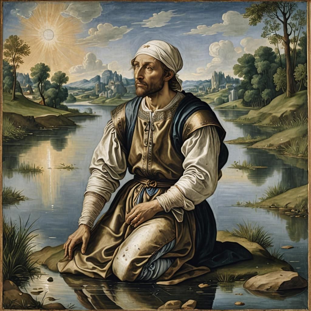 Bandaged Man Gazing Skyward: Renaissance Painting