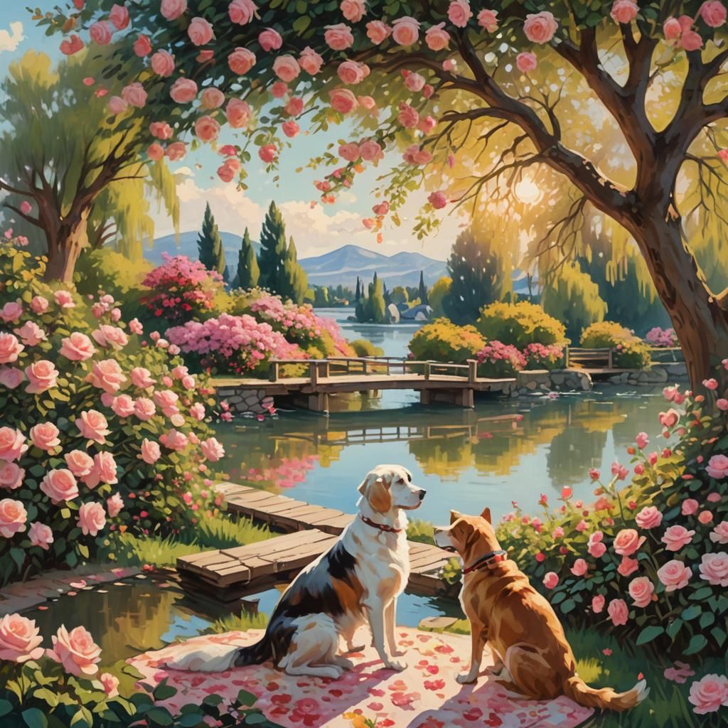 Woman, Dog, and Cat in Rose Garden: Impressionistic Painting