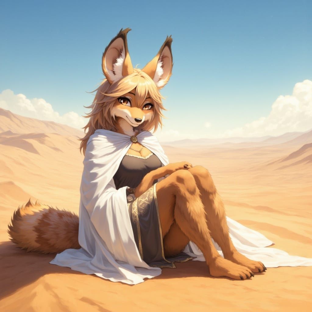 Fennec Woman Contemplates Desert Landscape in Digital Illust...