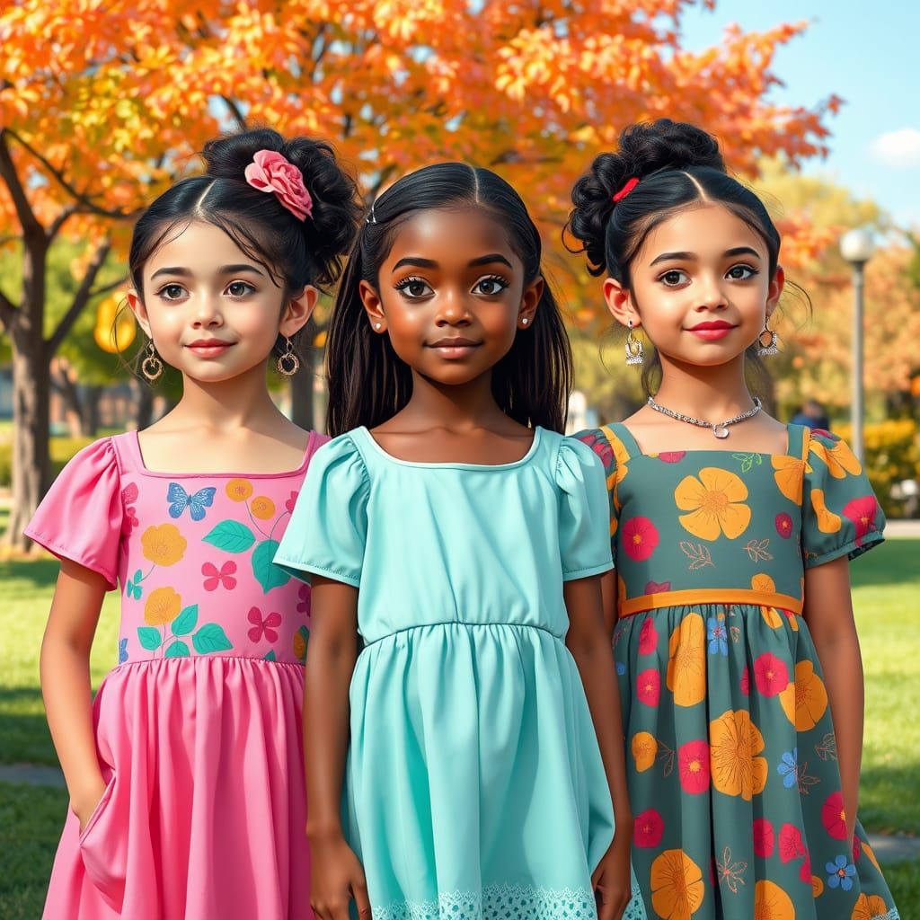 Confident Girls in a Vibrant Park, Whimsical Art