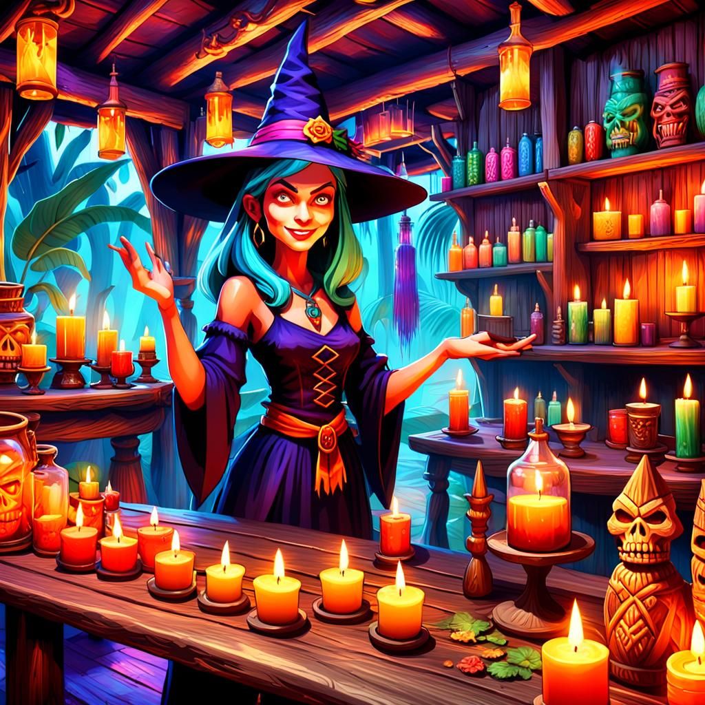 Colorful Witch's Candle Stall in a Tiki Bar
