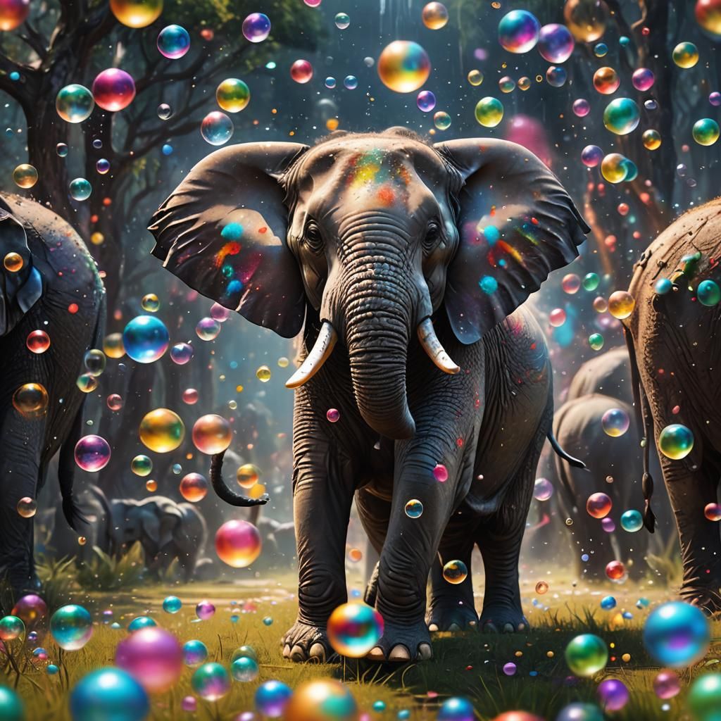 Elephant Amazed by Colorful Bubbles: Fantasy Concept Art