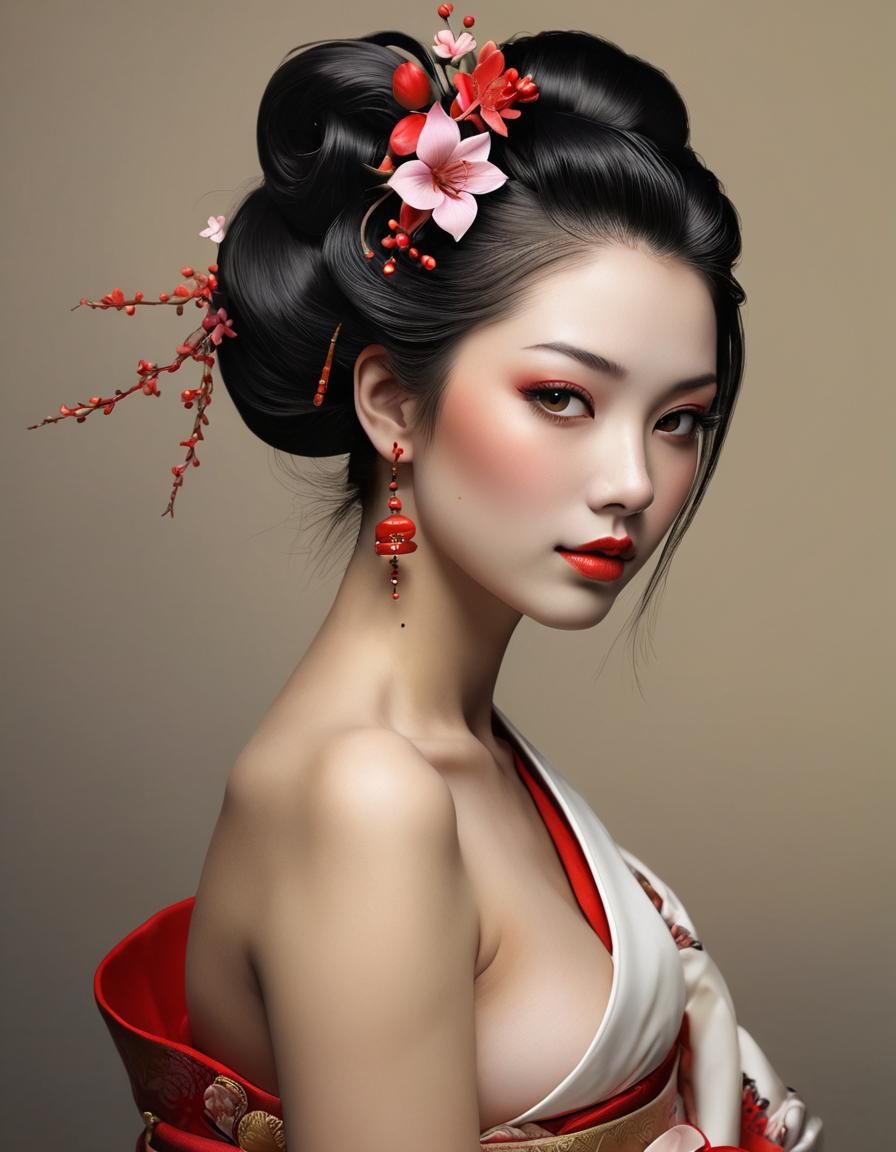 Geisha Portrait with Sakura in Fantasy Style