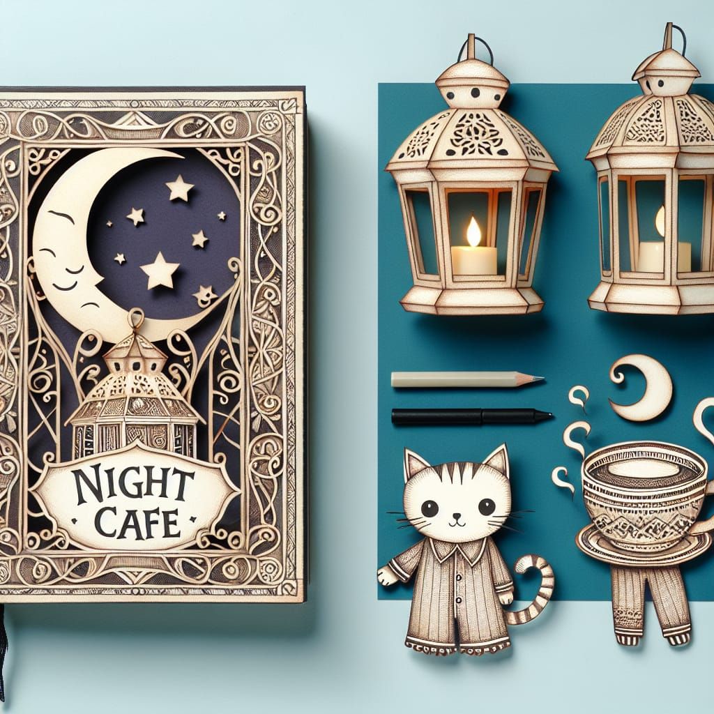Night Café Book and Kitten Paper Collage