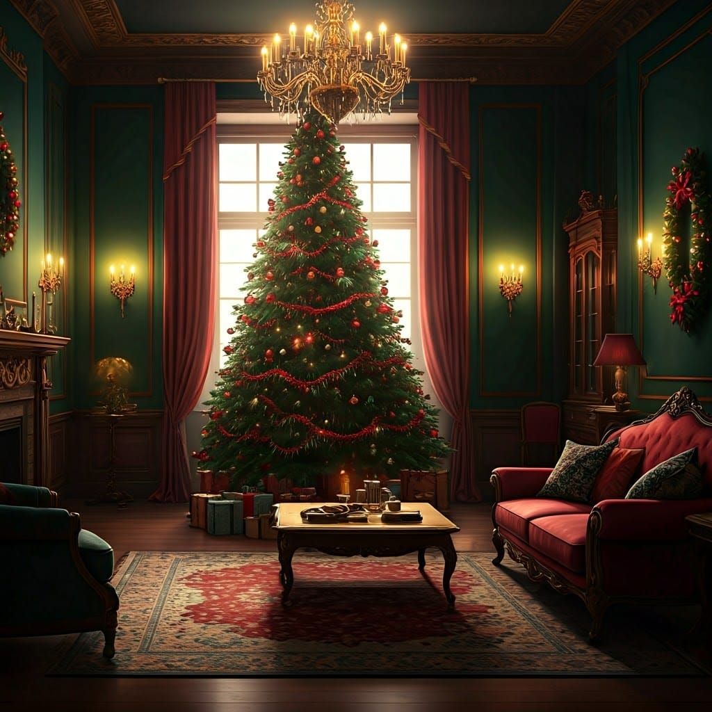 Cozy Christmas Living Room in Fantasy Art Style