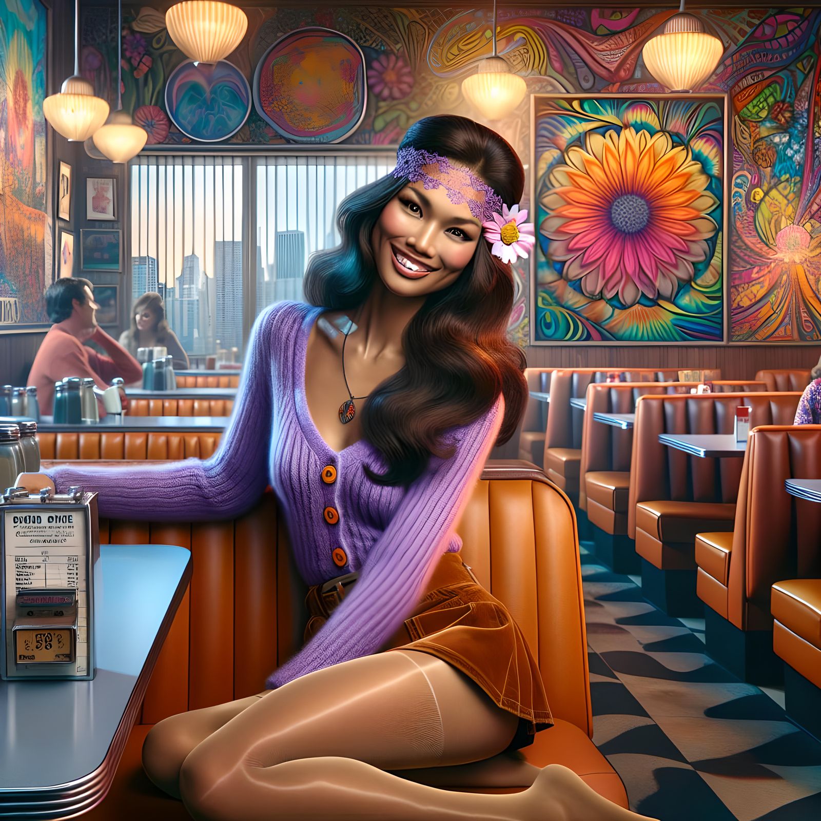 1960s Psychedelic Diner Scene with Flower Child Waitress