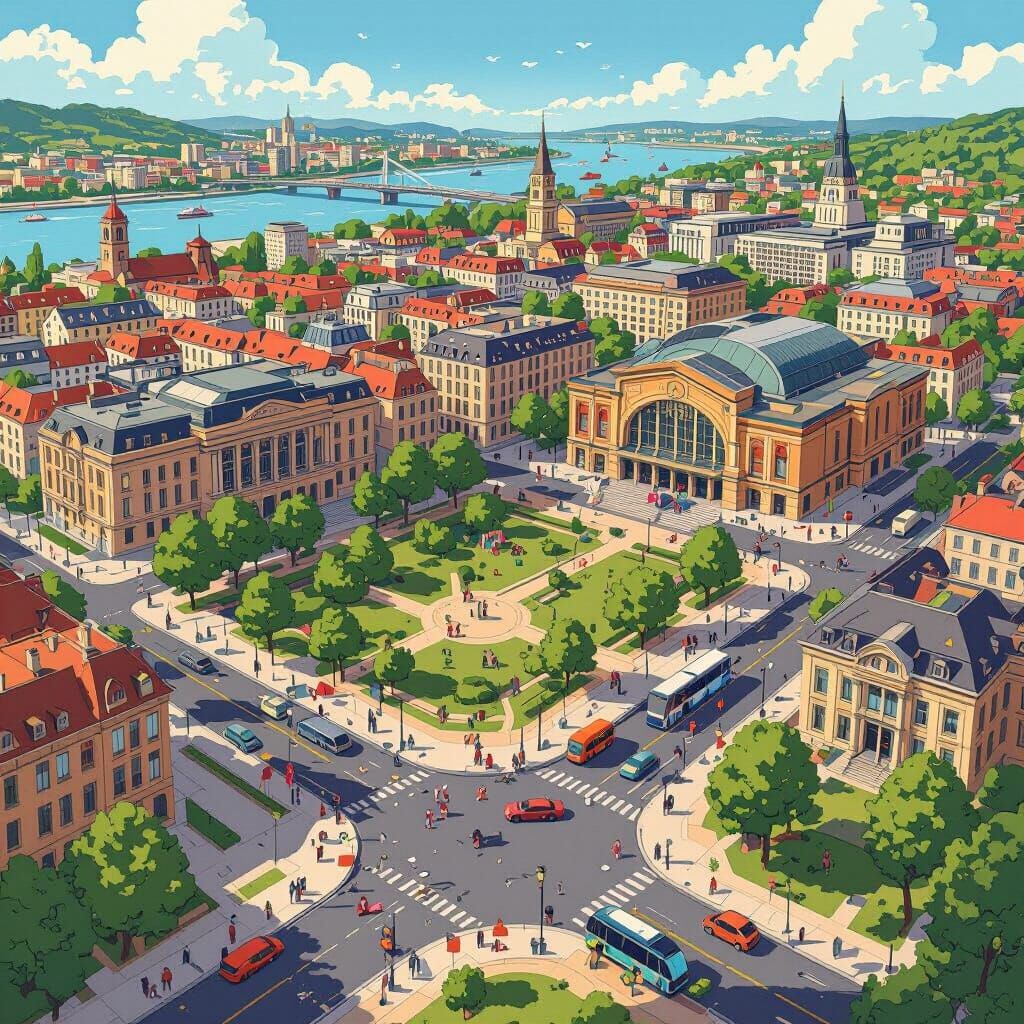 Stylized Neighborhood Map Featuring Park, Bridge and Museum