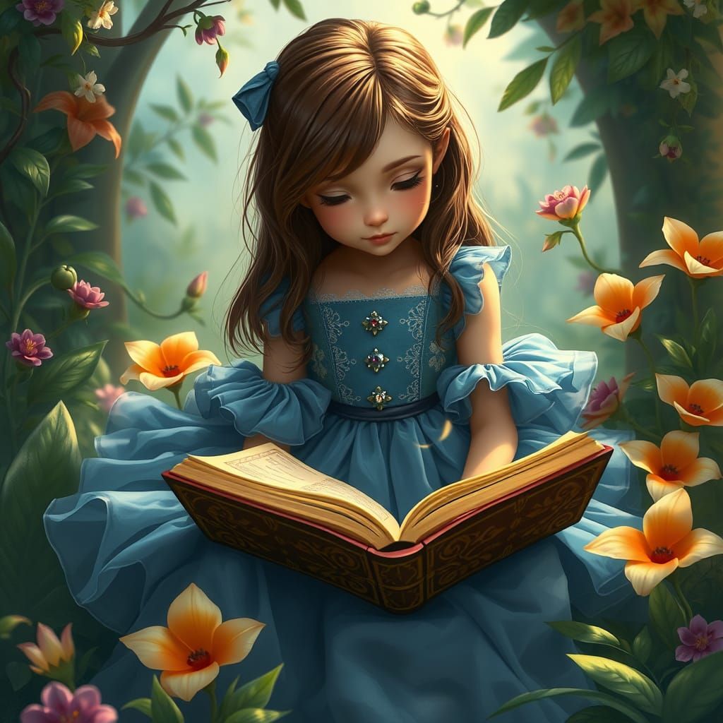 Girl Reading Book in Dreamlike Garden, Fantasy Art