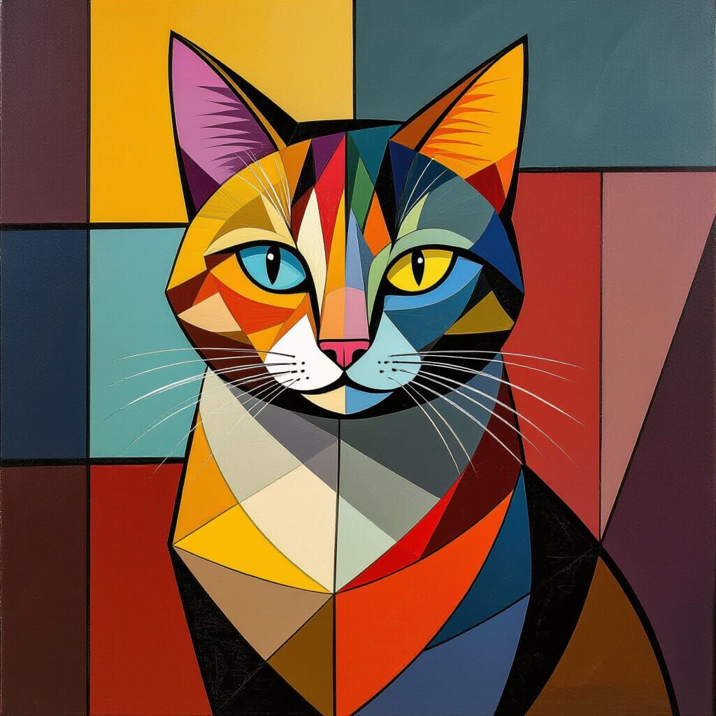 Cubist Cat Painting in Neo-Cubism Style