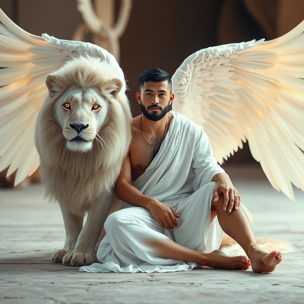 Ethereal Chinese Warrior in Harmony with Golden Lion