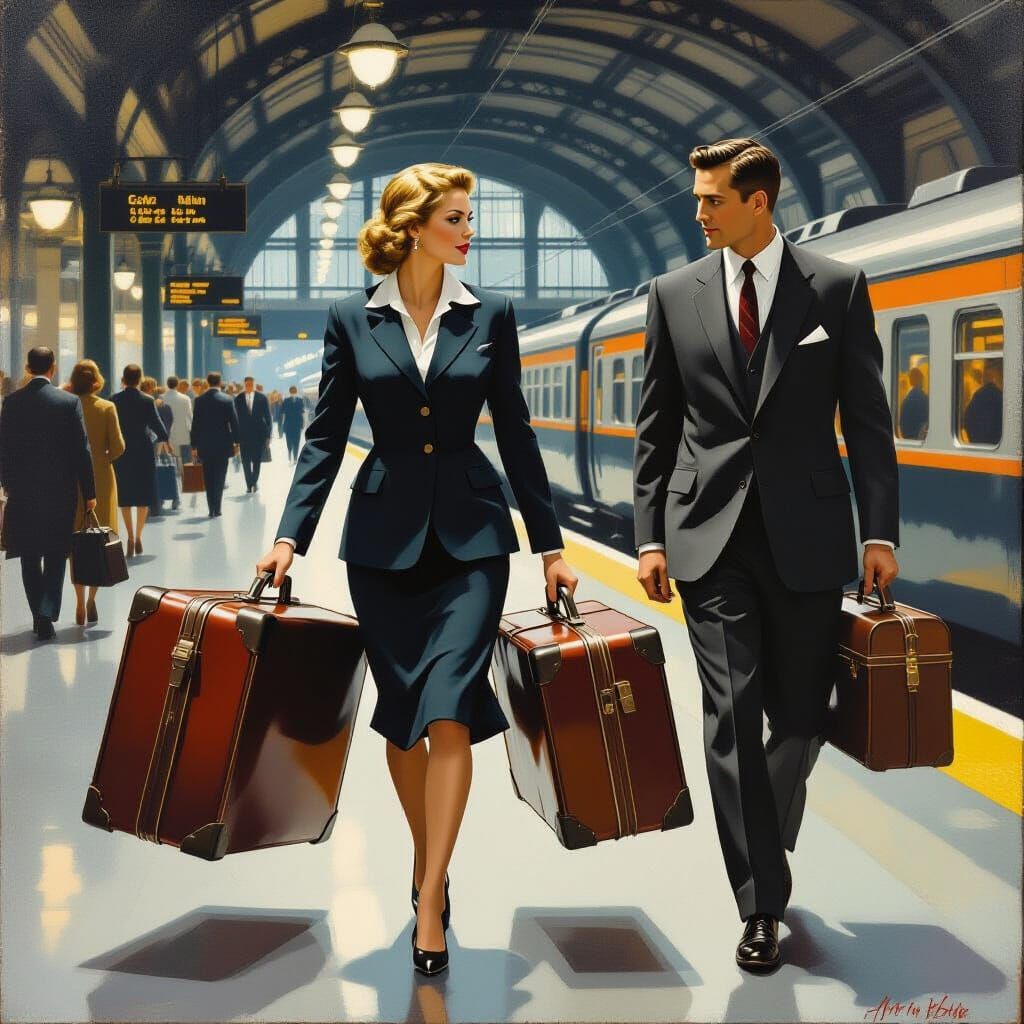 Woman Struggles With Luggage at Train Station