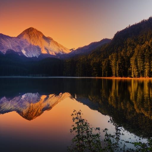 Sunrise Over Mountain Lake with Deer: Photography