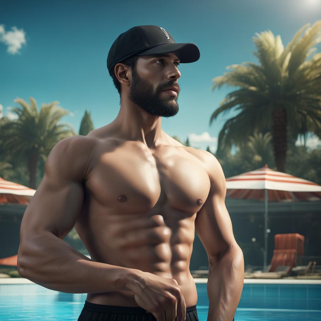 Man in Boxers by Pool: Detailed Digital Art