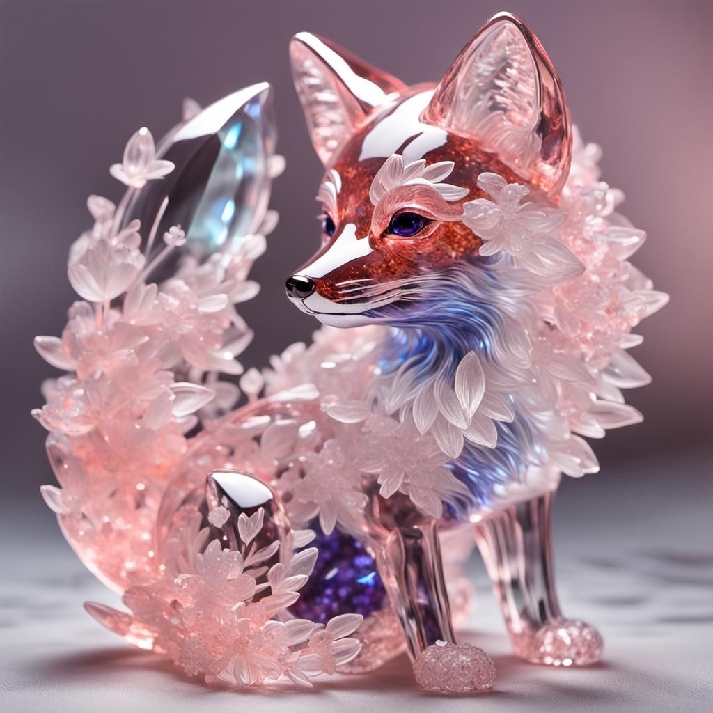 Bioluminescent Crystal Fox Sculpture in Vermilion Glass