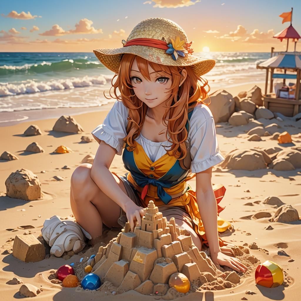Nami Builds a Sandcastle: Anime Beach Scene