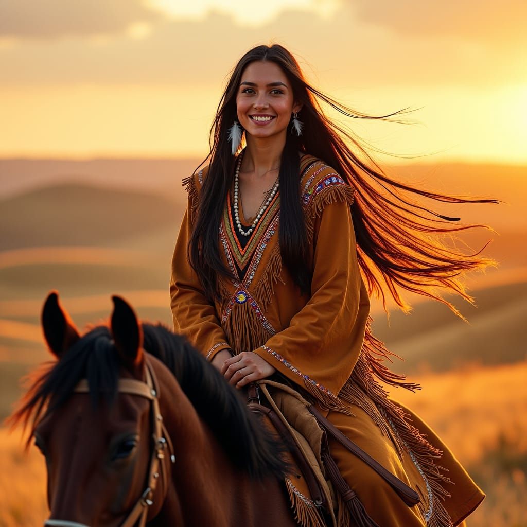 Cheyenne Woman on Horseback at Sunset