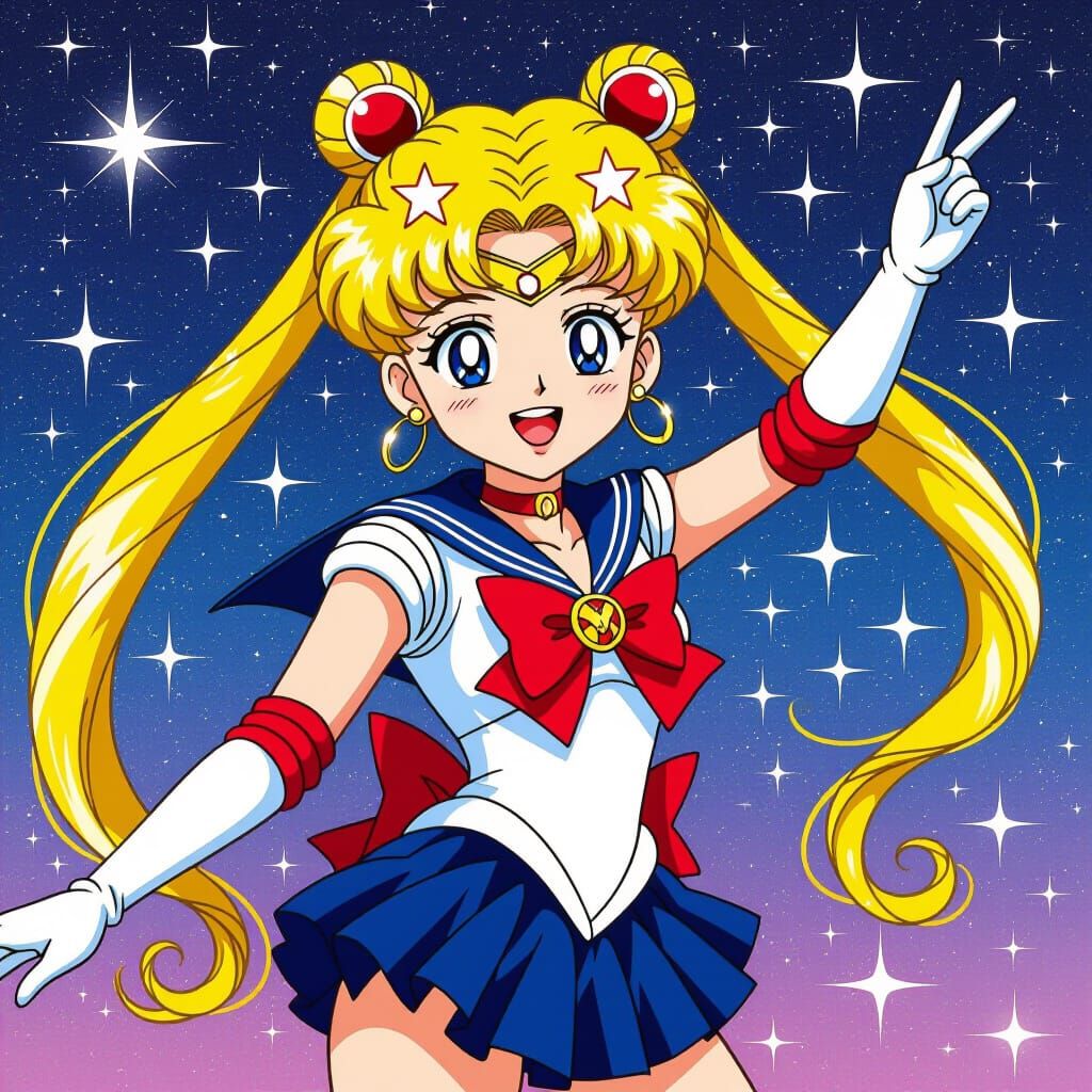 Dynamic Sailor Moon Caricature with Cosmic Background