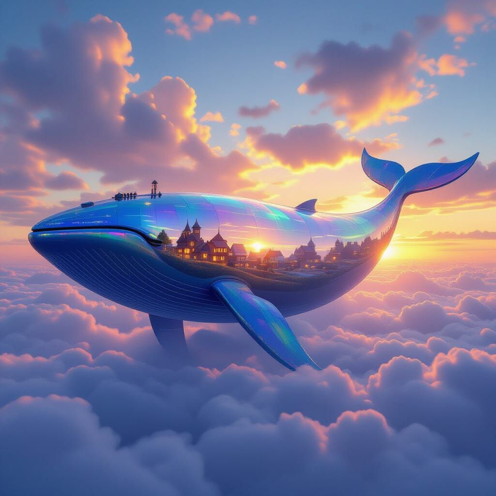 Glass Whale Village Soaring Through Sunrise Skies