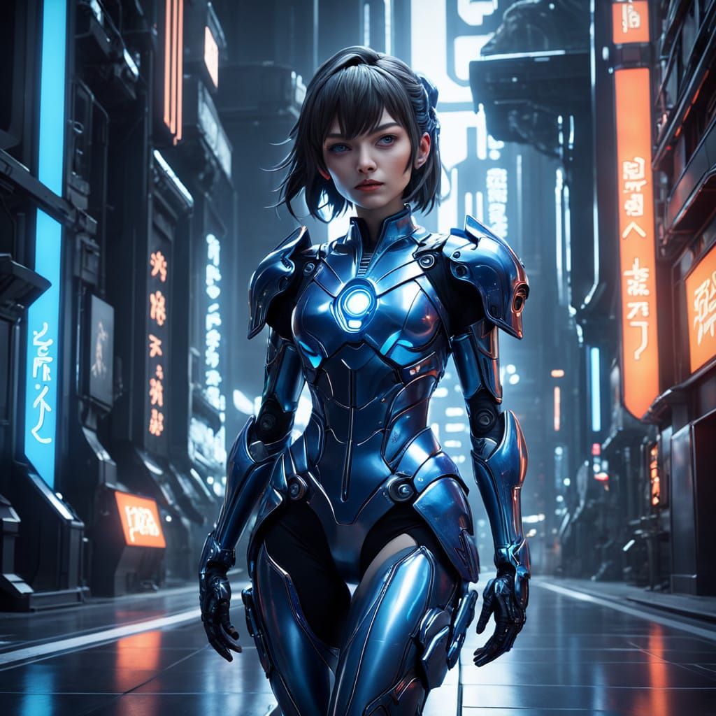Glamorous Futuristic Lady in Metallic Exosuit