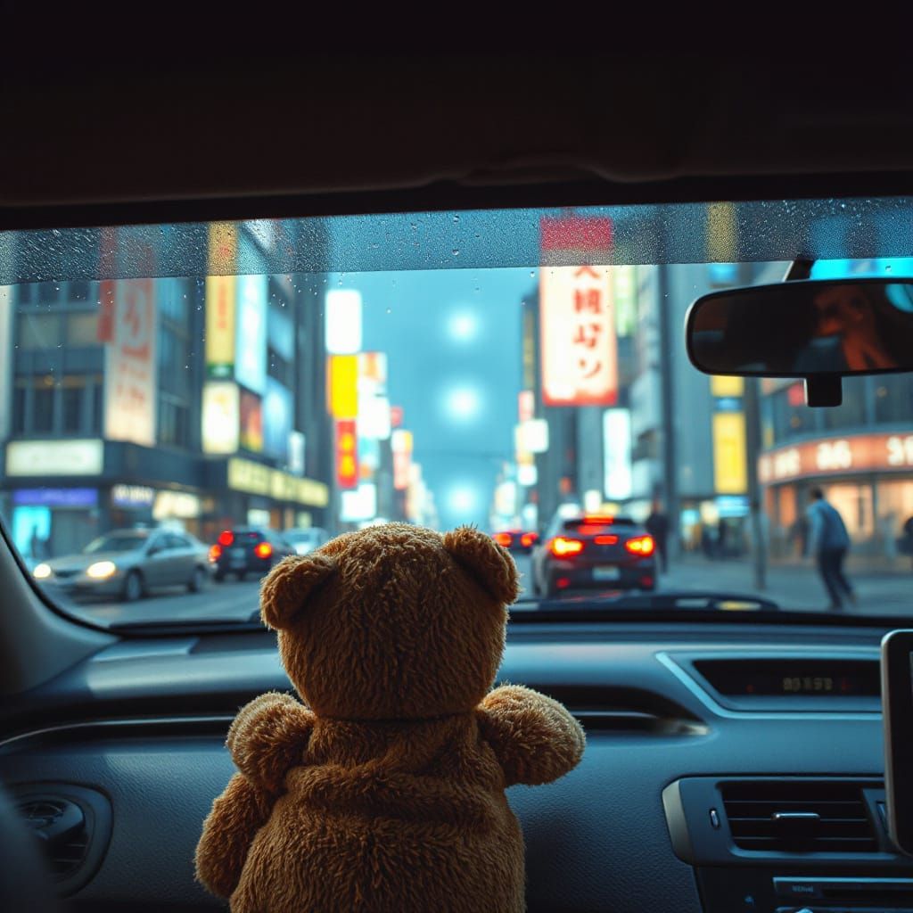 Teddy Bear in Self-Driving Car Over Neo-Tokyo Cityscape