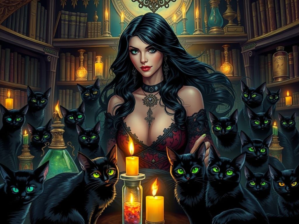 Mystical Sorceress Surrounded by Black Cats in a Lavish Cham...