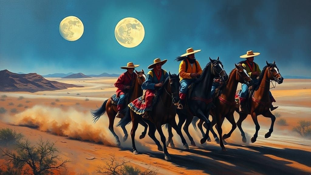 Gypsies Ride Horses in Moonlit Desert, Impasto Painting
