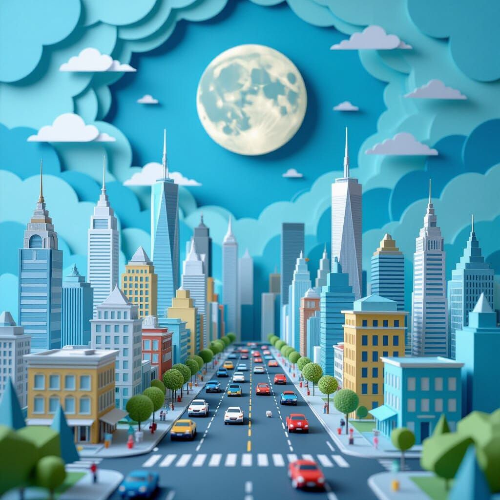 Intricate Paper Cityscape Diorama with Paper Moon