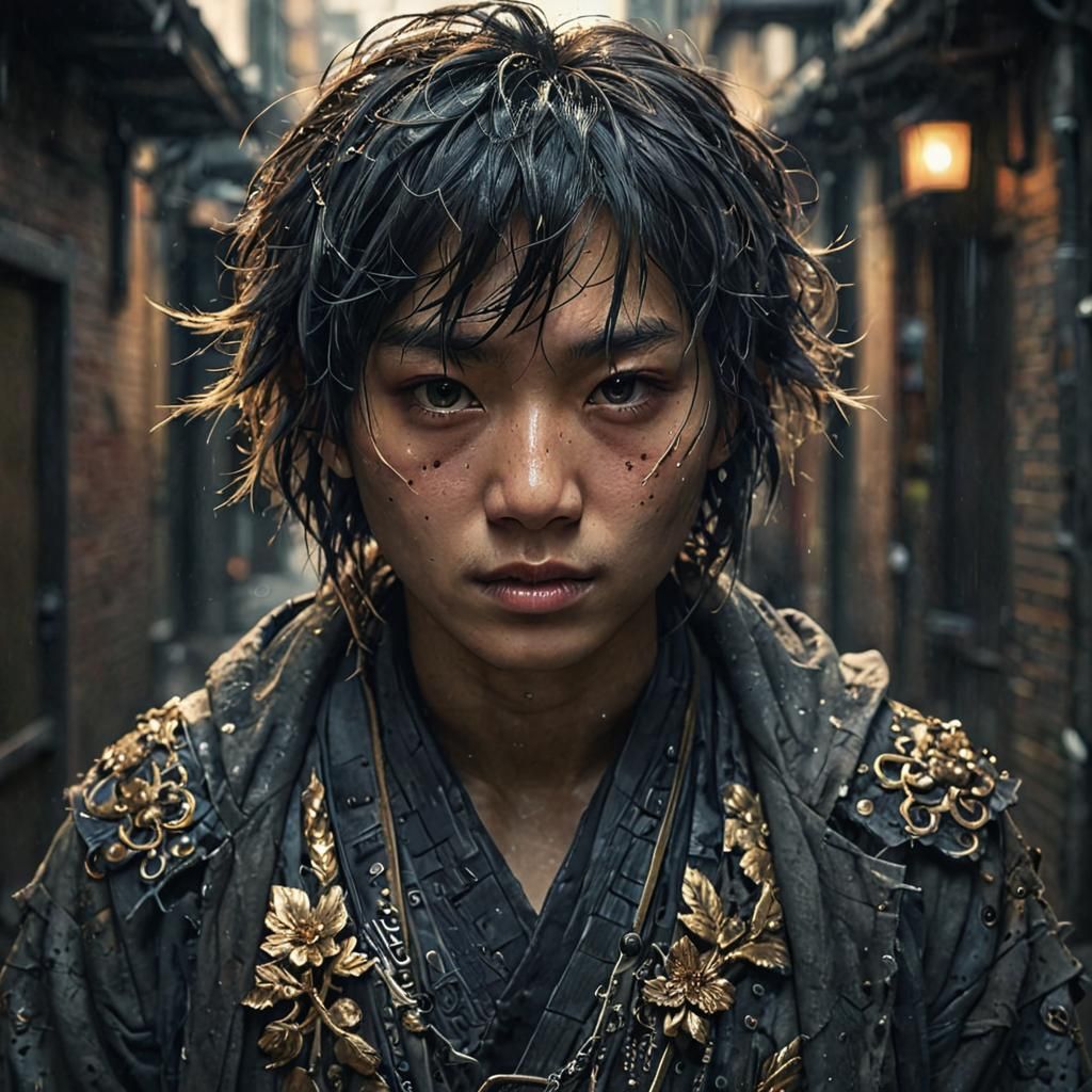 Japanese Teen in Misty Alley: Dark Concept Art