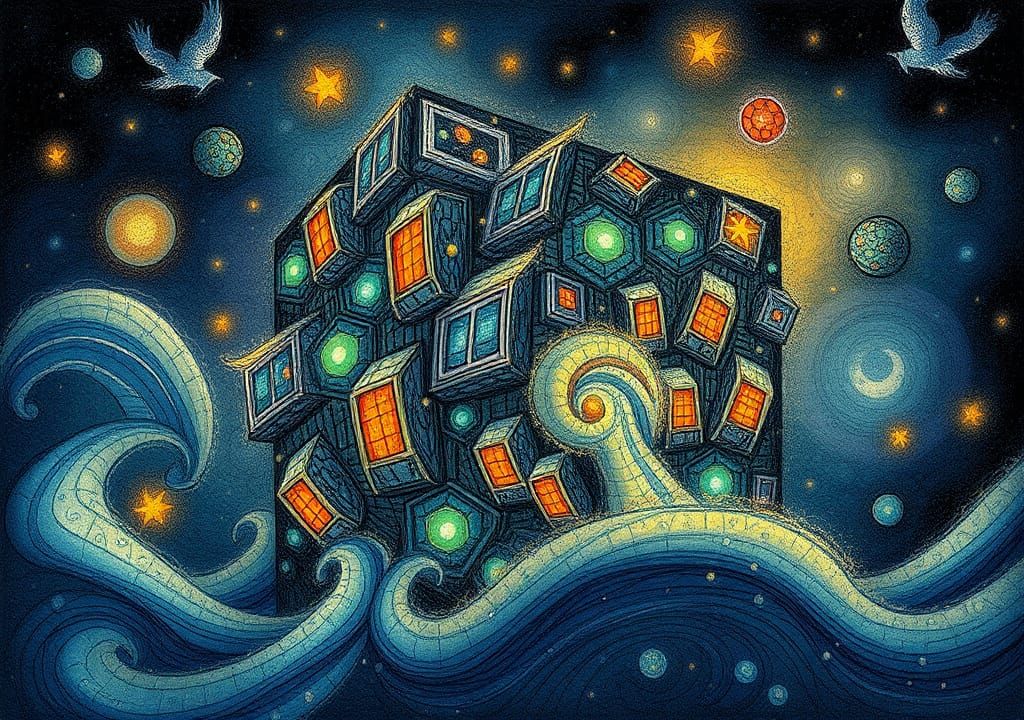 Misty Cube Whimsical Illustration with 3D Shading