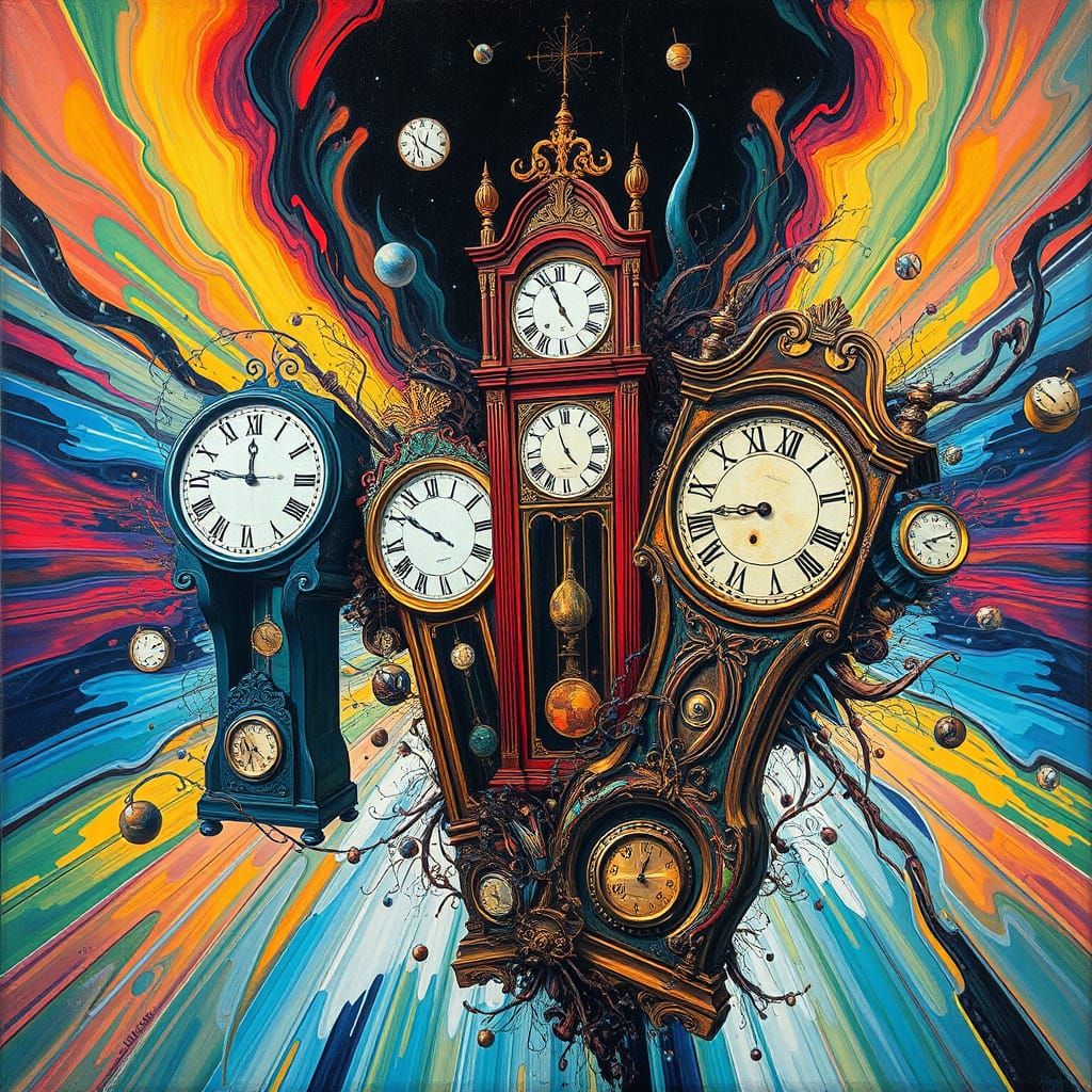 Dreamlike scene of melting clocks in a state of prismatic fr...