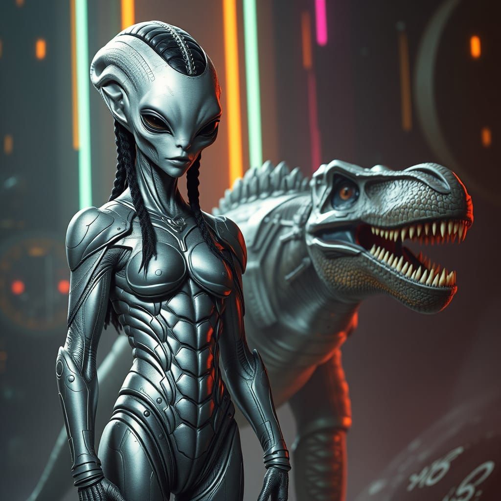 Silver-Scaled Alien and Dinosaur in Biomechanical Setting
