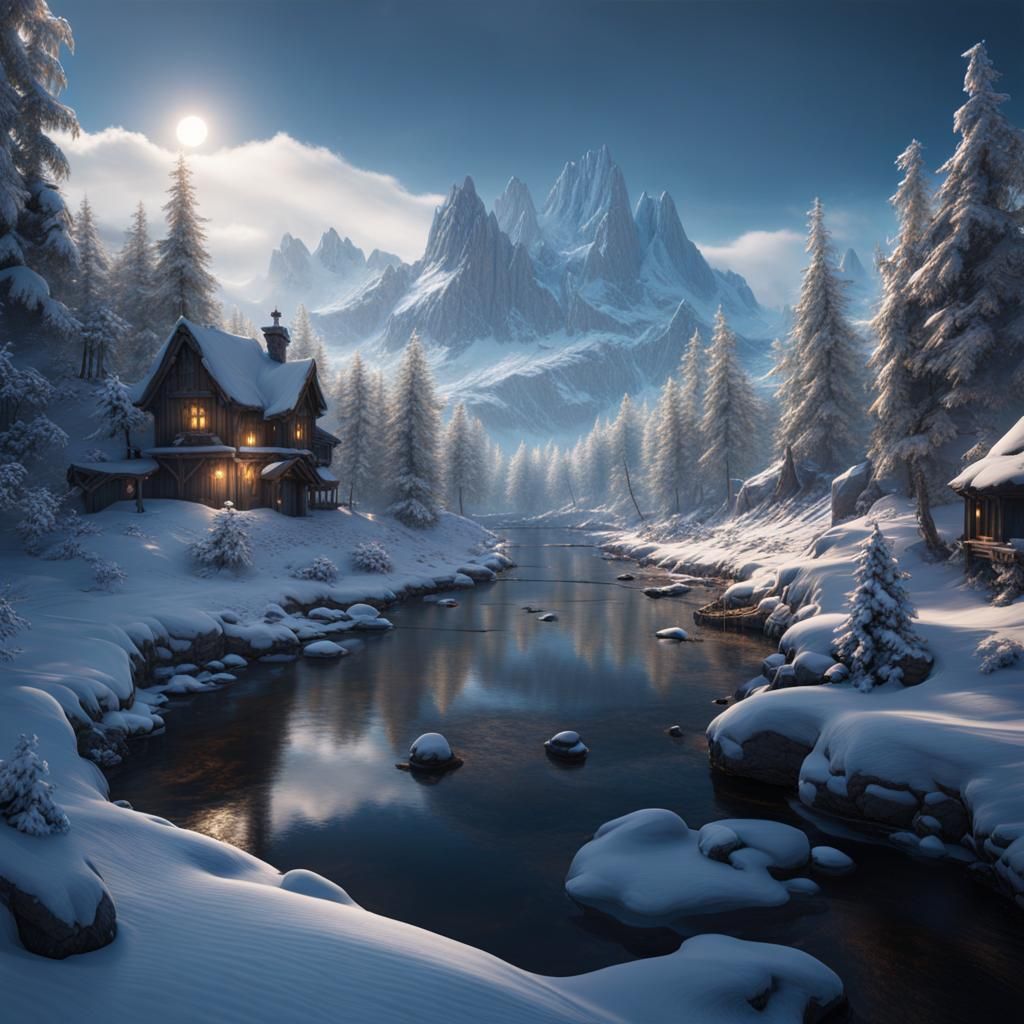 Detailed Snow Scene: Matte Painting in Deep Color