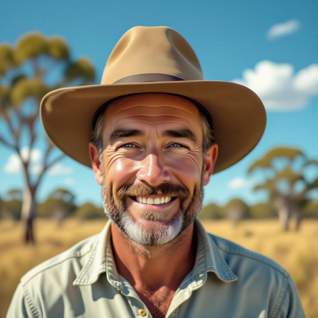 Smiling Australian Man in Ken Done Style Landscape