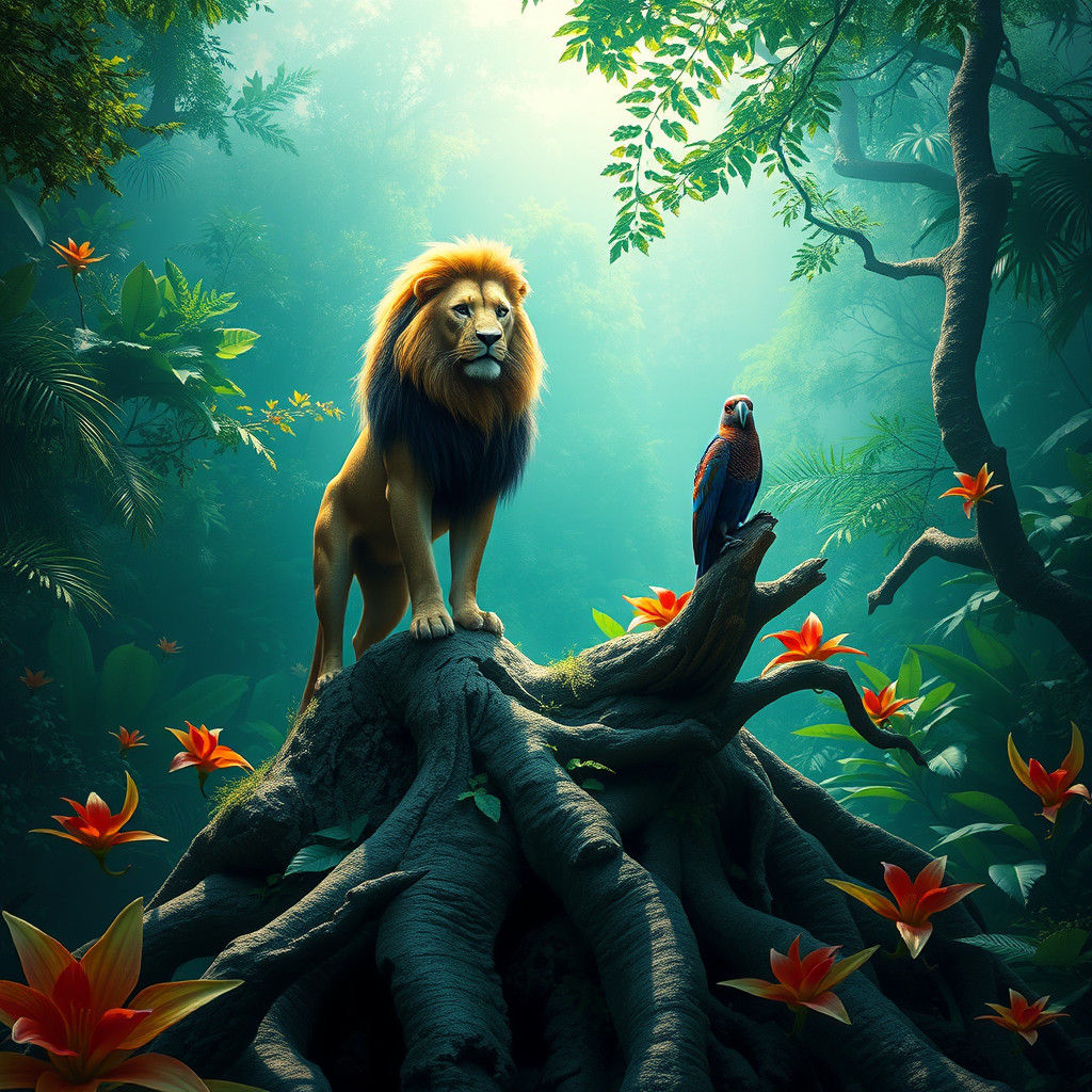 Lion Bird Duo in Amazon Jungle, Matte Painting