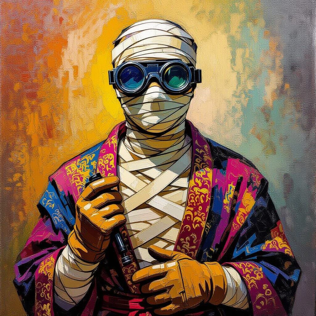 Bandaged Man in Versace Robe with Welding Goggles