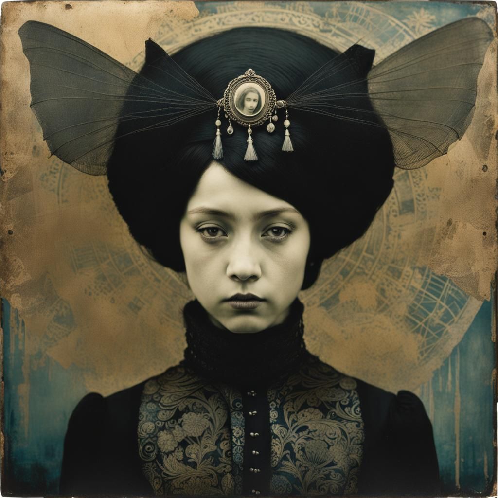 Creepy Goth Girl Portrait in Mixed Media Collage