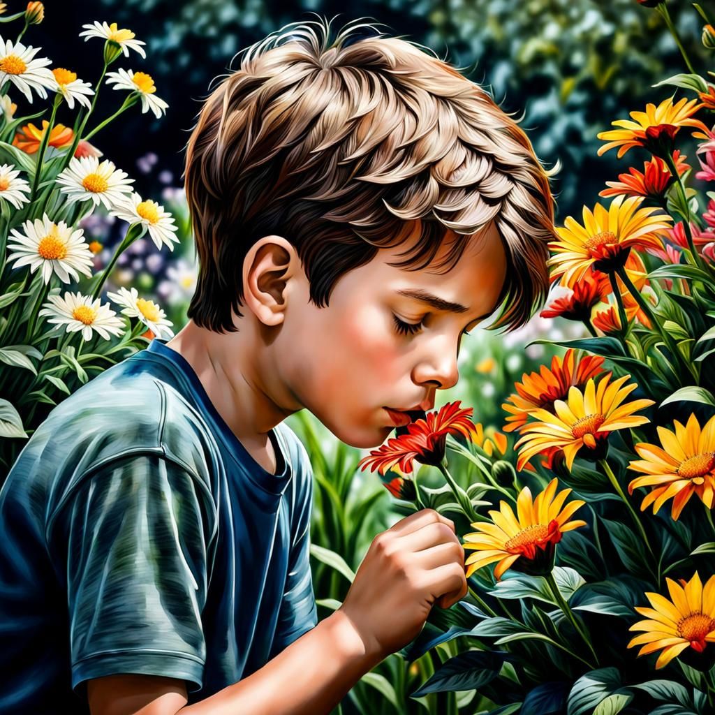 Young Boy Smelling Flowers in Watercolor Style