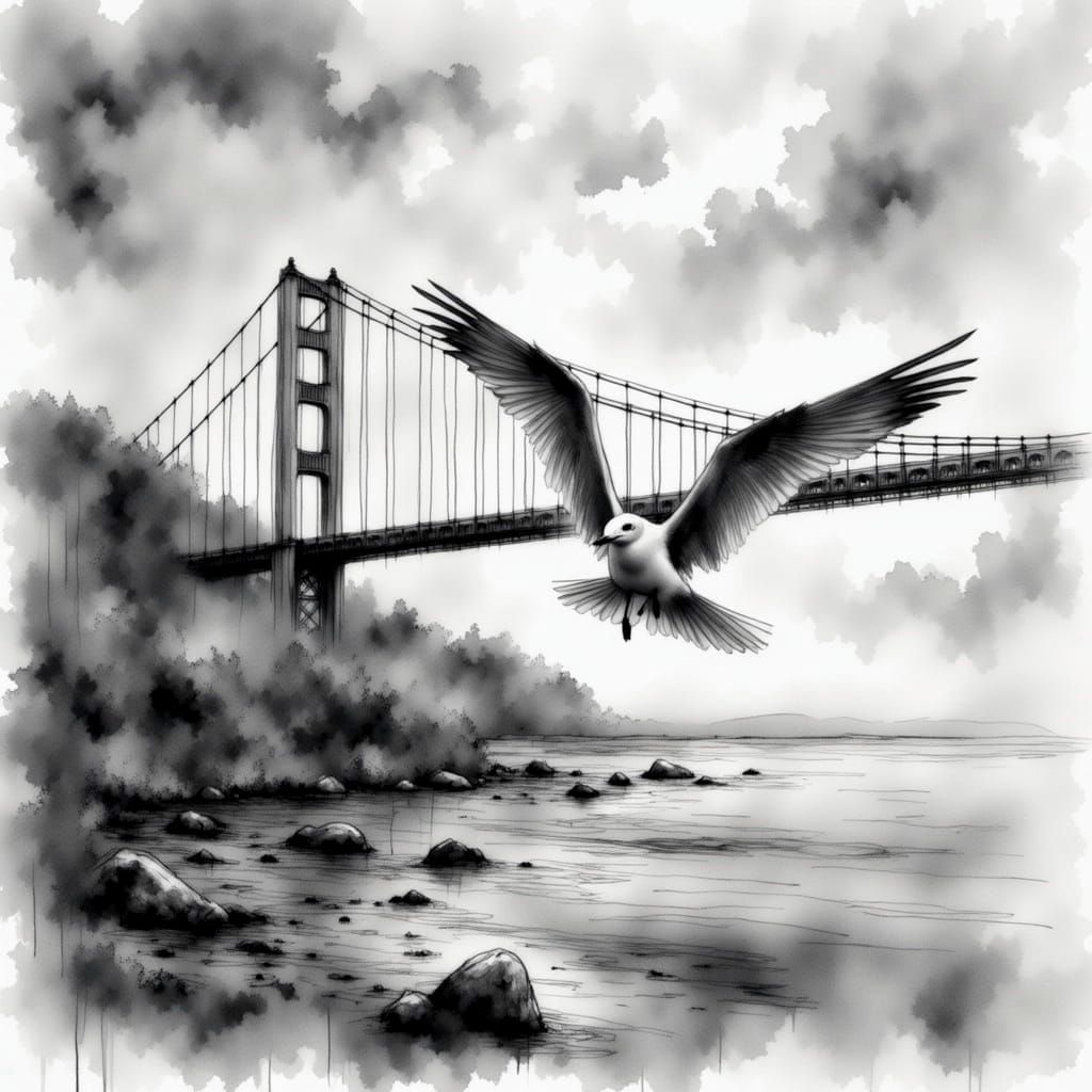 Monochromatic Charcoal Suspension Bridge Landscape with Gull...