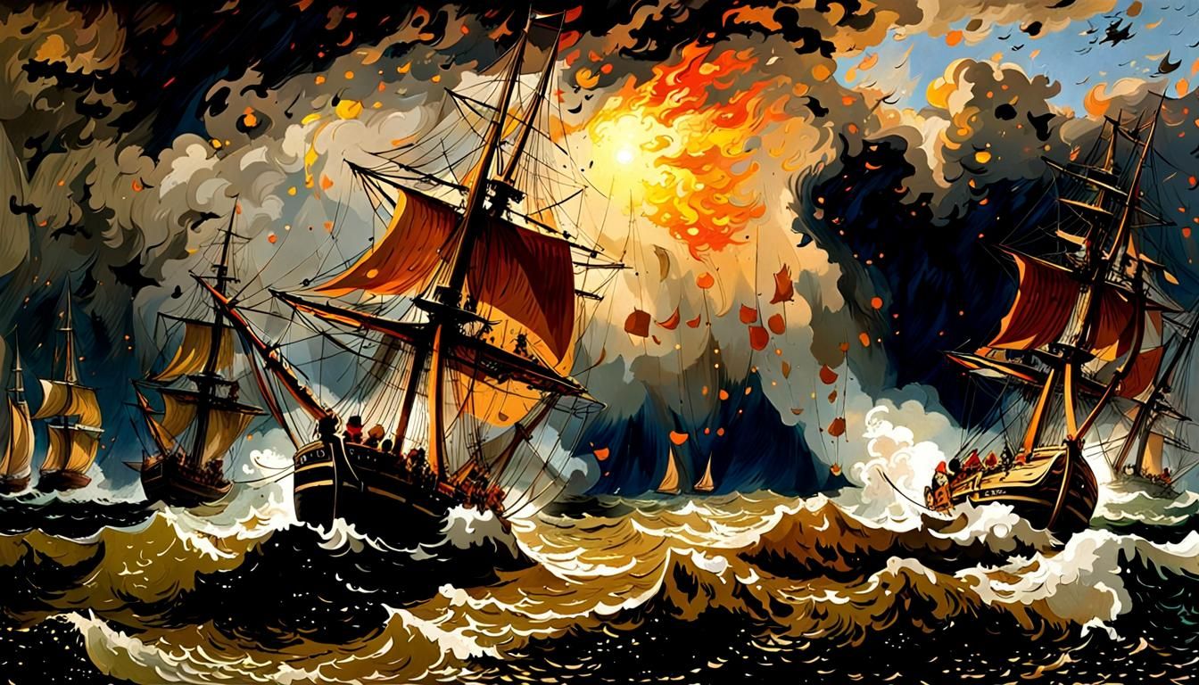 Epic Sailing Ship Battle in Romantic Style