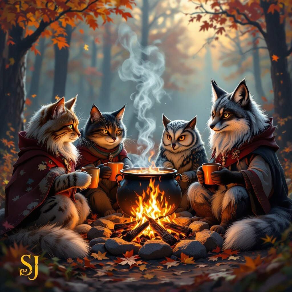 Familiars Gathered Around Autumn Campfire