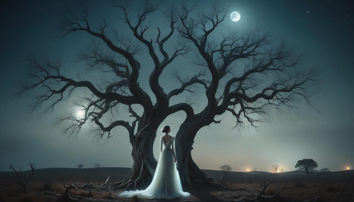 Surreal Bride in Moonlit Landscape, Oil Painting